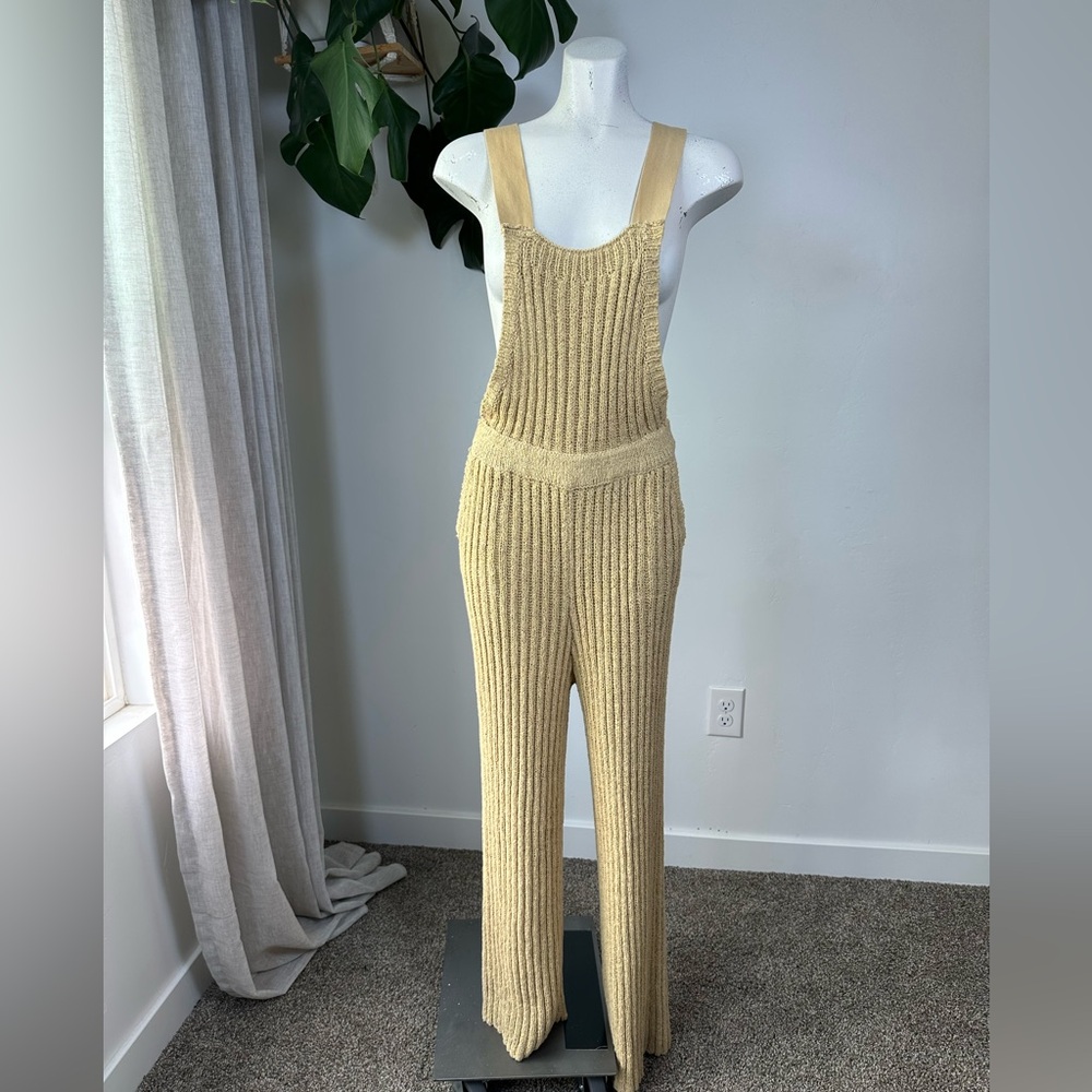 Free People Tan Ribbed Knit Jumpsuit with Ruffle Sleeve Top Size M - Picture 2 of 7